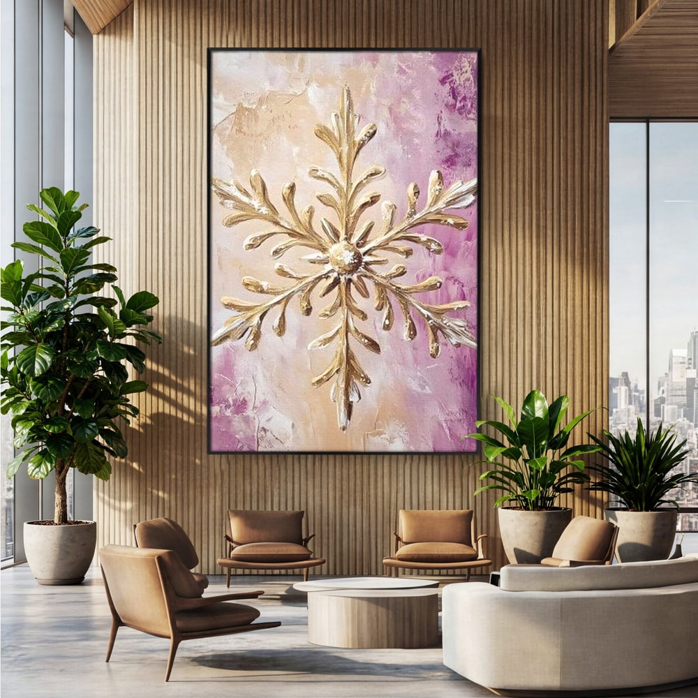 Tablou canvas cu tablou cu fulg de nea auriu in relief, in rama de aluminiu negru, pe perete intr-un birou